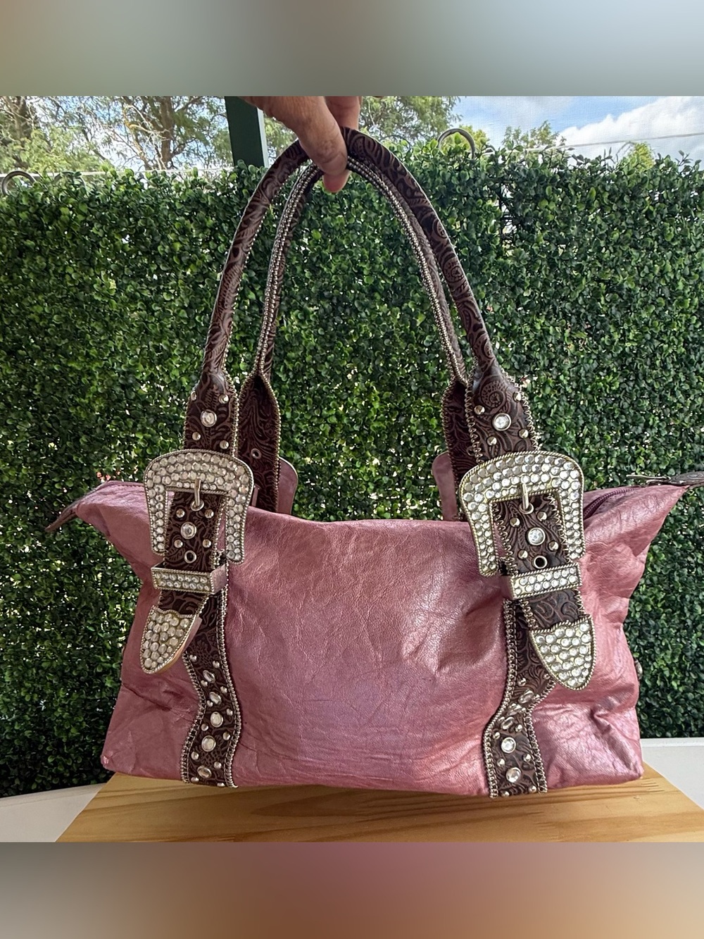 Pink Rhinestone Buckle Western Y2K Shoulder Bag Large Handbag